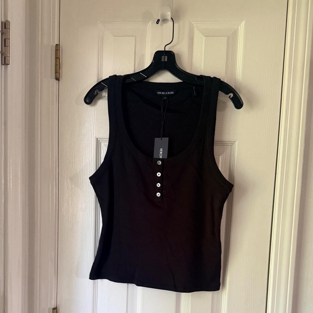 Veronica Beard Abbott Tank Top Black Ribbed Square Neck Henley Large - Picture 3 of 5